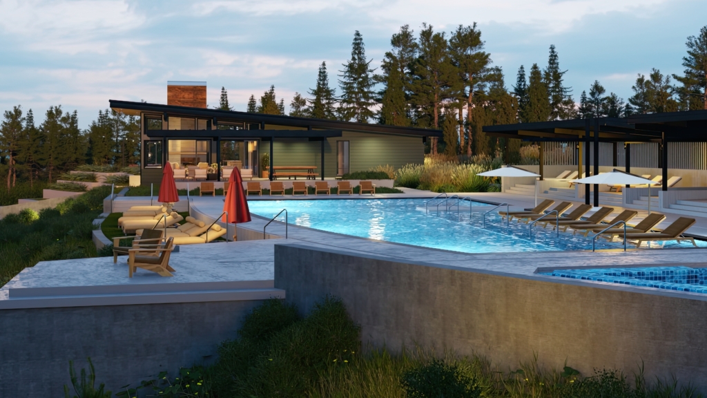 Skyline Ridge lodge dusk pool and lounge area