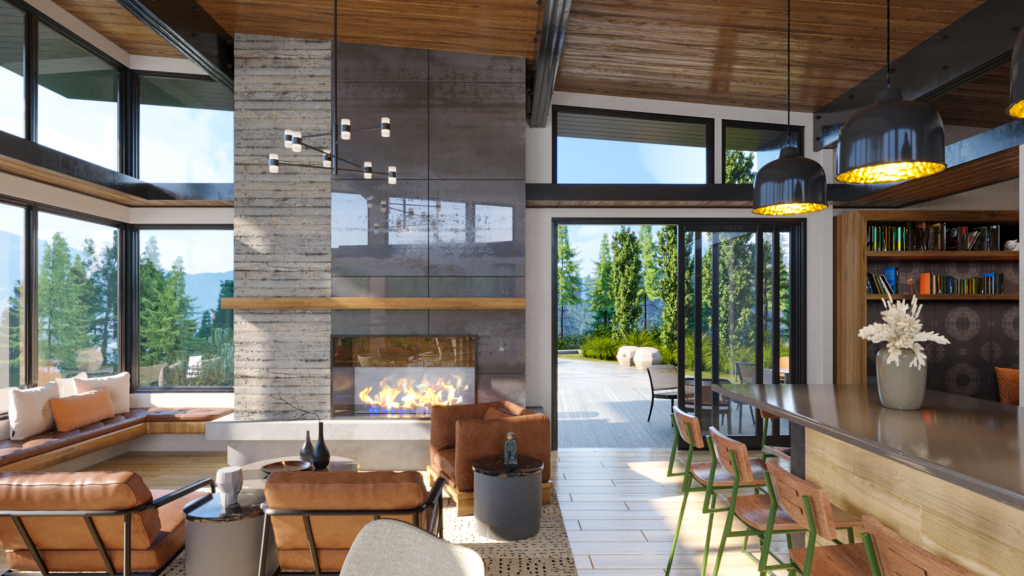 Skyline Ridge lodge living room fireplace view