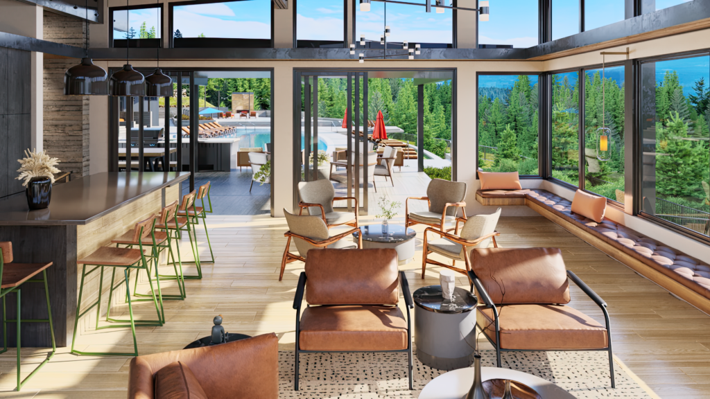 Skyline Ridge lodge living room looking out to pool
