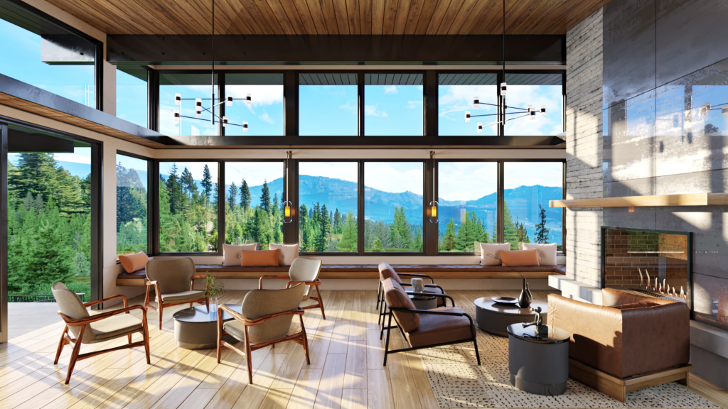 Skyline Ridge lodge living, sitting room, patio