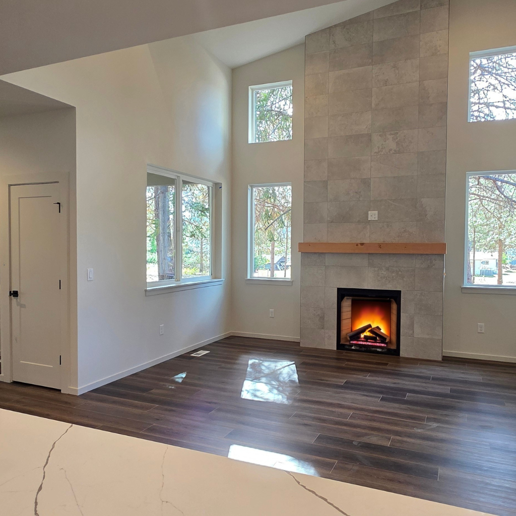 Trailside Homes at Ederra homesite 19 living room with kitchen island progress