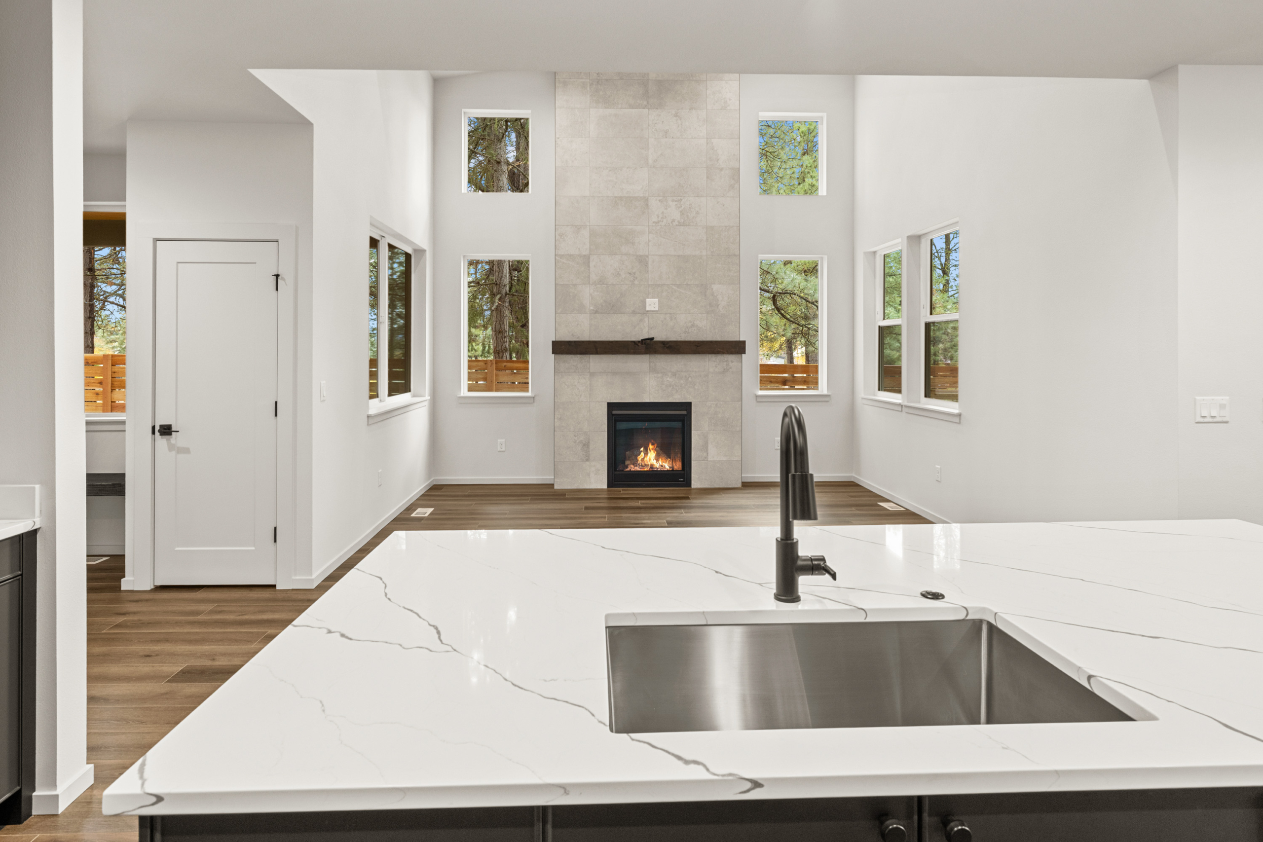 Ederra 19 Kitchen with living room fireplace with stone to the ceiling