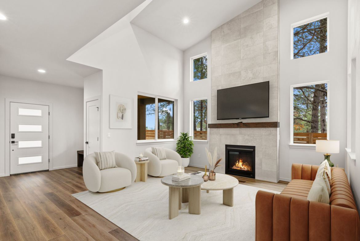 Tronsen by Trailside Homes in Ederra living room with view of the forest in Cle Elum