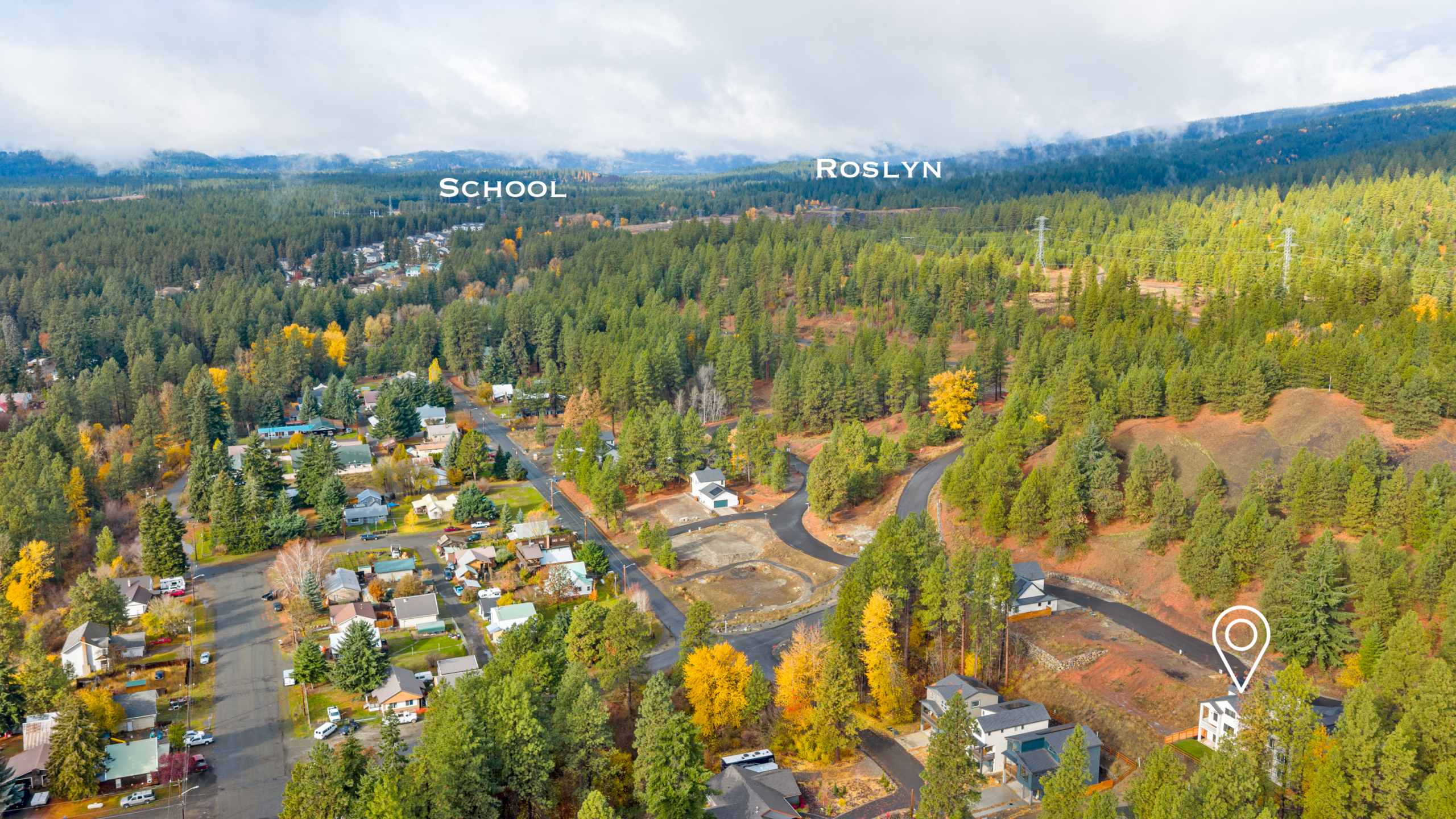 Ederra Lot 7 The Naches in Cle Elum by Trailside Homes aerial view with location to schools and Roslyn