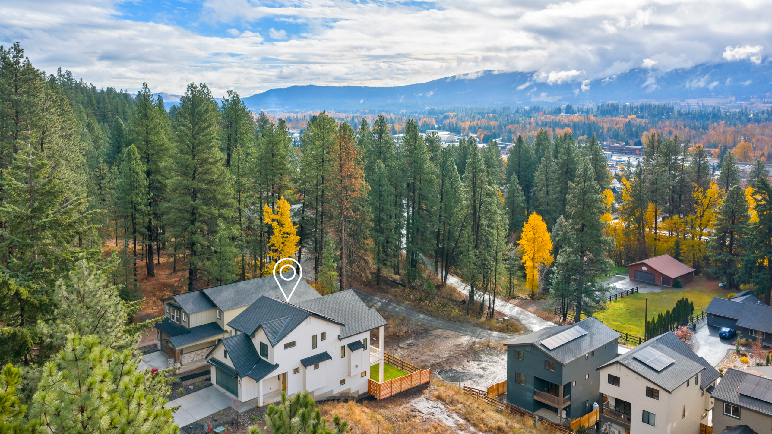 Ederra Lot 7 The Naches in Cle Elum by Trailside Homes aerial view of the home with green space and fall colored trees