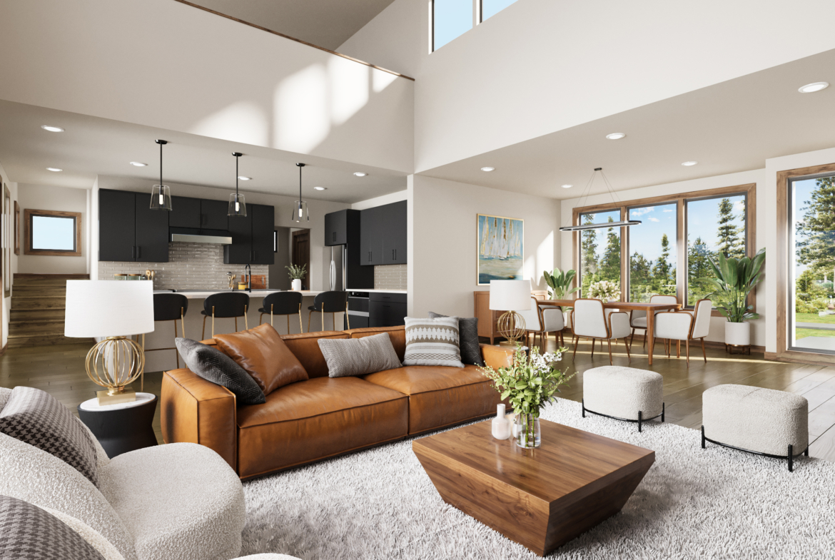 Navigator by Trailside Homes in Skyline Ridge with living room view, kitchen, and dining room view of the forest in Cle Elum