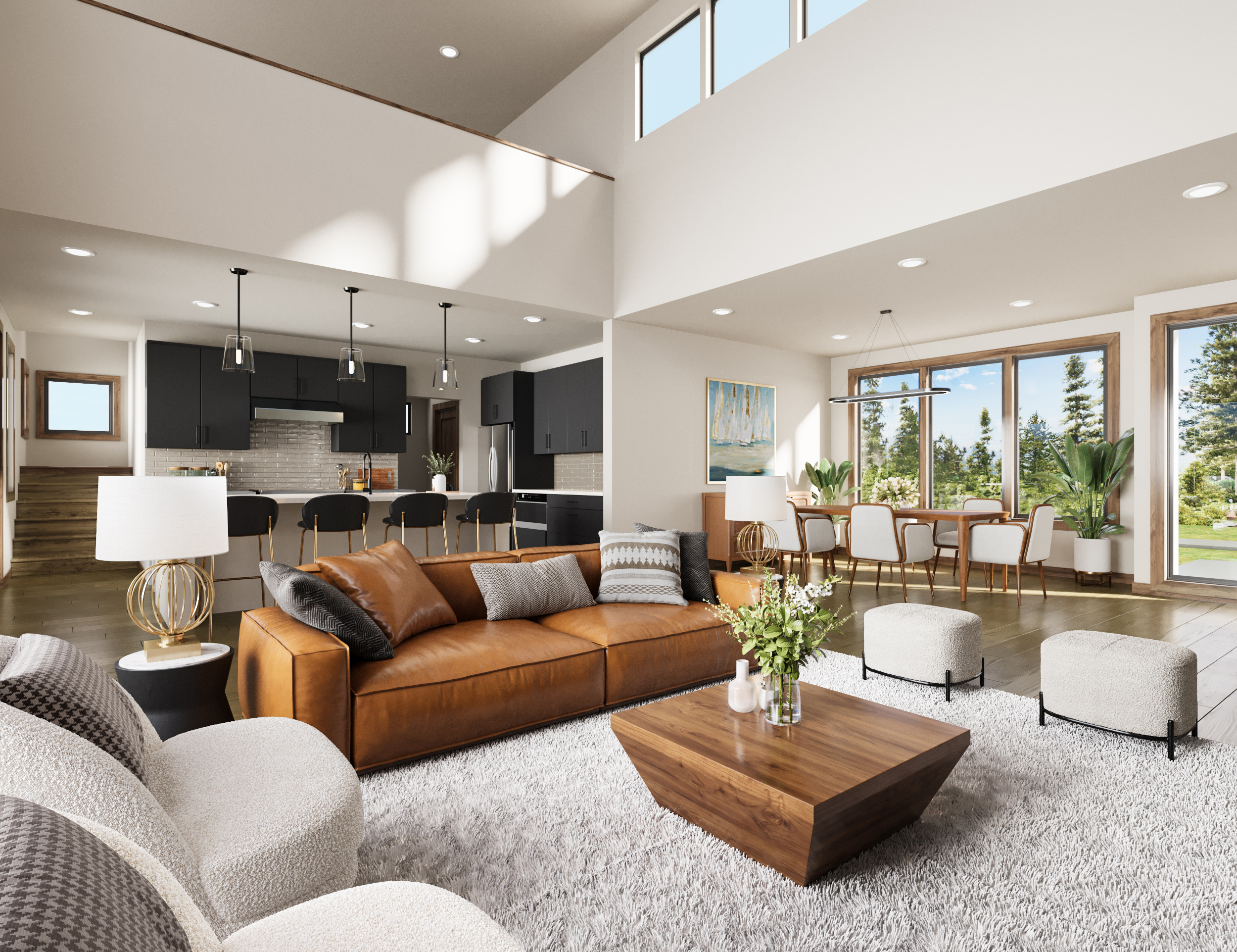 Navigator by Trailside Homes in Skyline Ridge with living room view, kitchen, and dining room view of the forest in Cle Elum