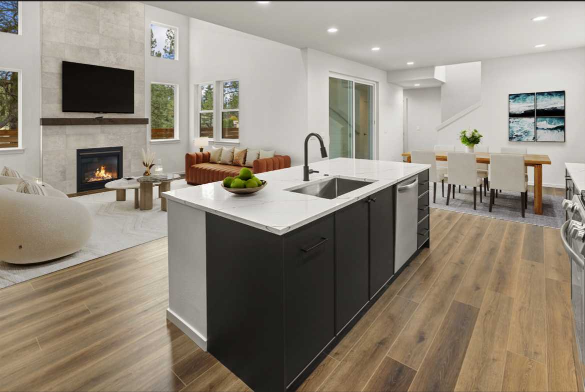 Tronsen by Trailside Homes in Ederra open concept kitchen, living room, dining room virtually staged in Cle Elum