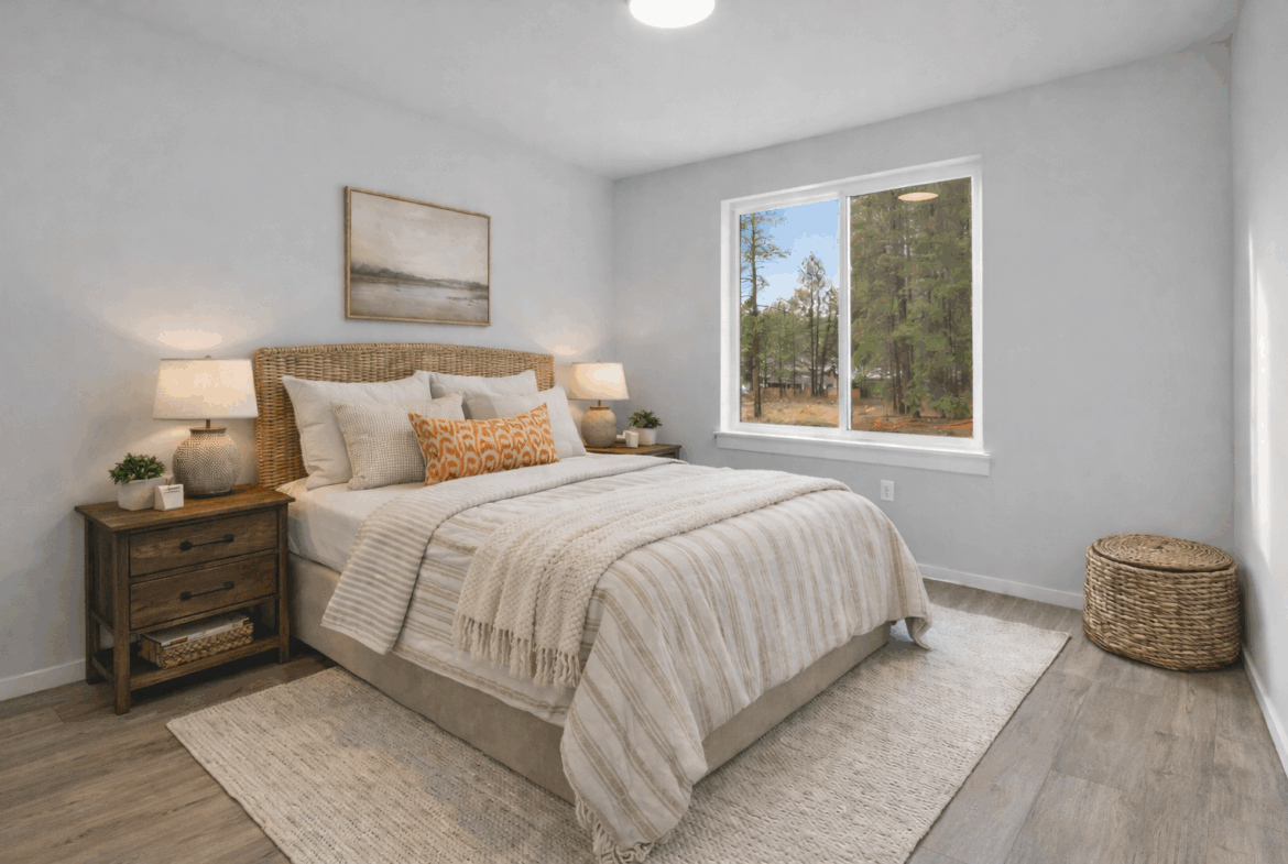 The Thorp at Ederra in Cle Elum by Trailside Homes virtually staged bedroom with tree lined property views