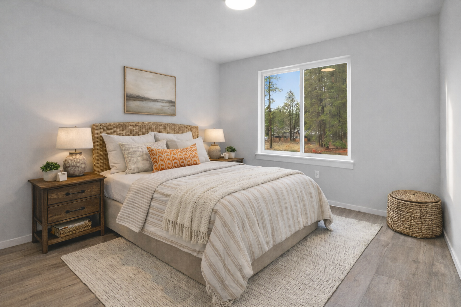The Thorp at Ederra in Cle Elum by Trailside Homes virtually staged bedroom with tree lined property views