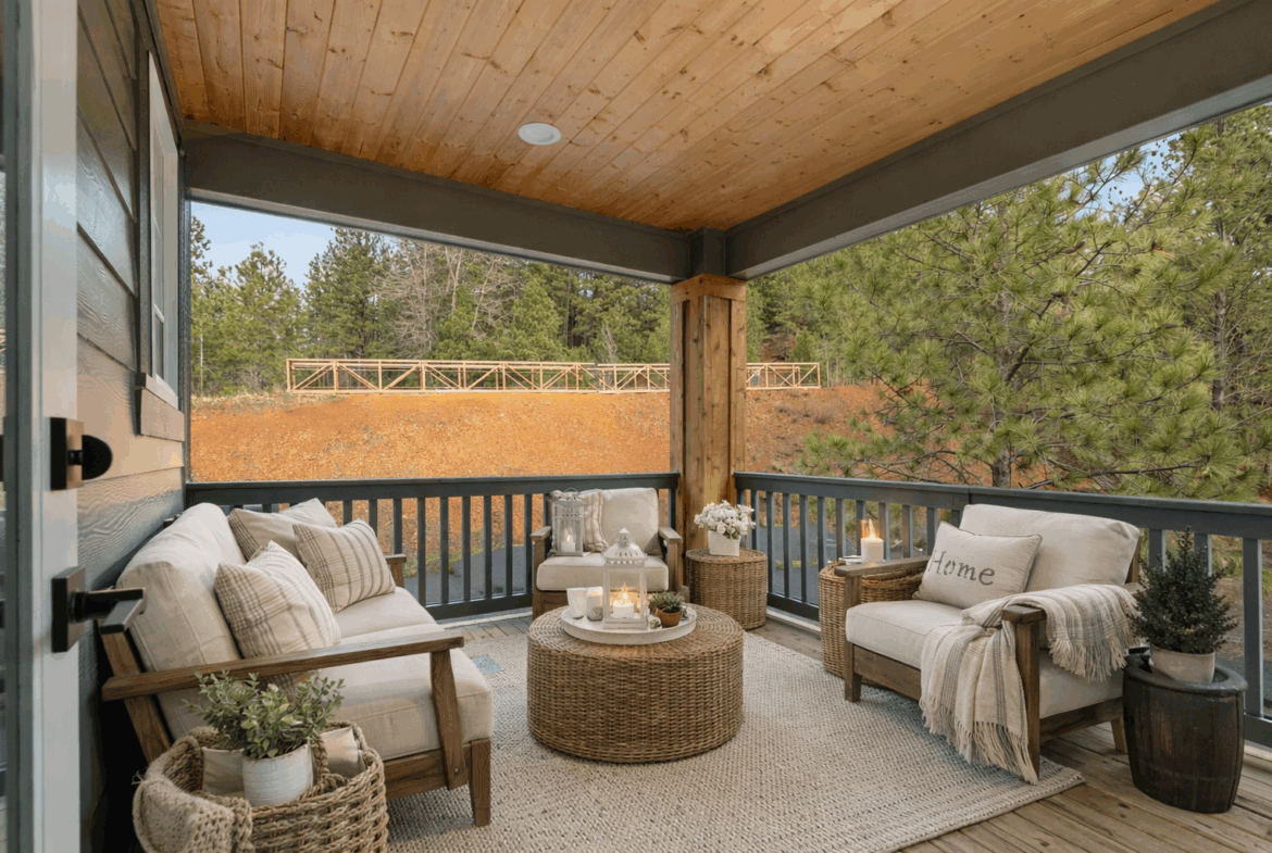 The Thorp at Ederra in Cle Elum by Trailside Homes virtually staged exterior back porch with outdoor seating and covered deck