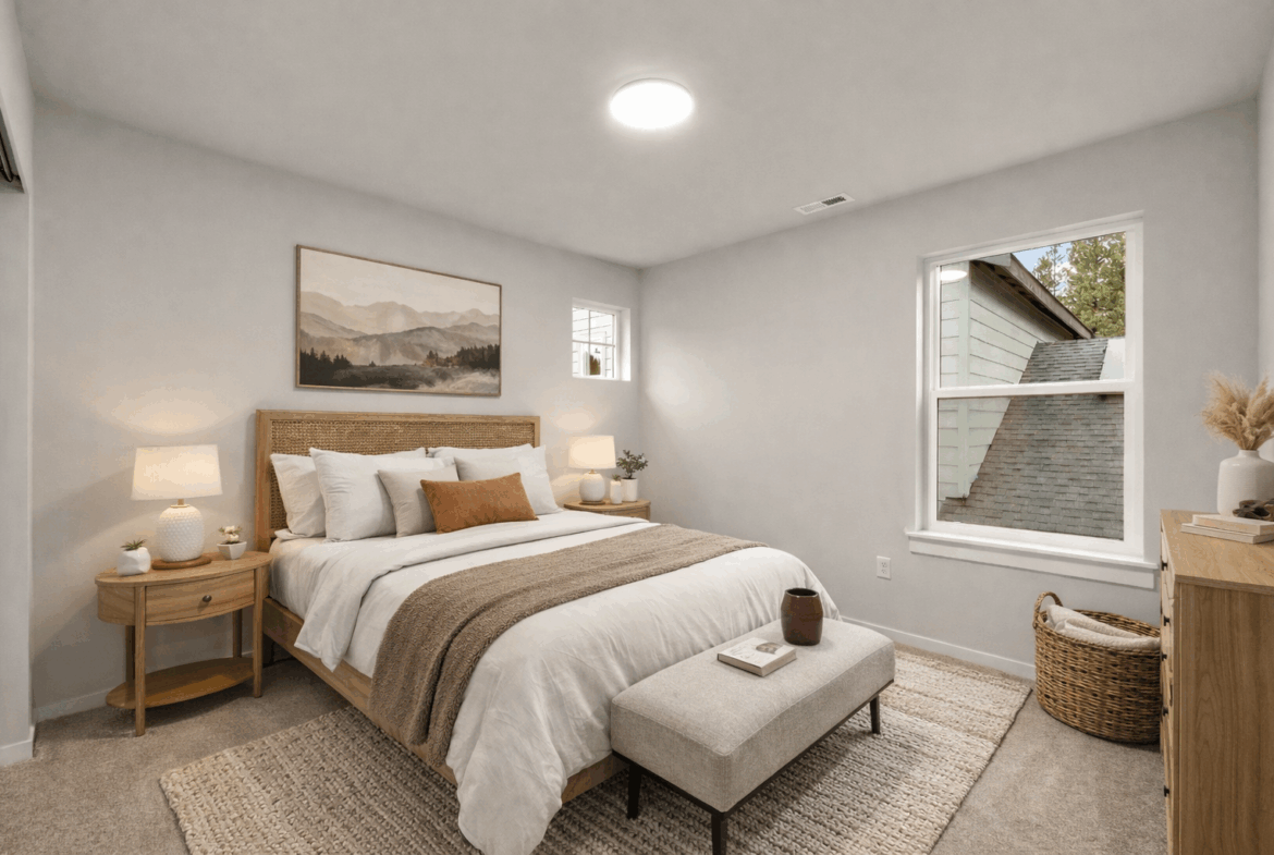 Peoh Point Ederra homesite 22 primary suite bedroom virtually staged with mountain photo and bed