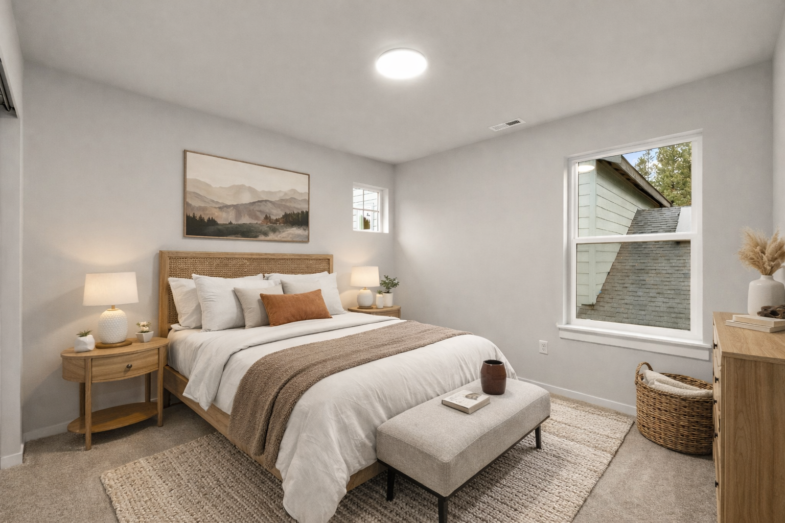 Peoh Point Ederra homesite 22 primary suite bedroom virtually staged with mountain photo and bed
