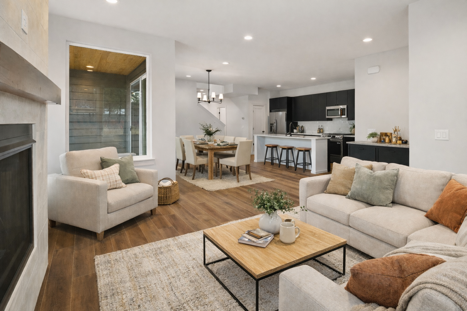 Ederra 23 virtually staged open living dining kitchen The Cooper at Ederra homesite 23 in Cle Elum by Trailside Homes virtually staged open concept living room with gas fireplace, dining room, and kitchen with dark cabinets