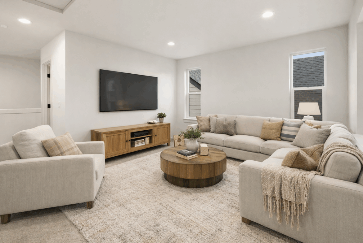 The Cooper at Ederra homesite 23 in Cle Elum by Trailside Homes virtually staged open loft upstairs for entertaining