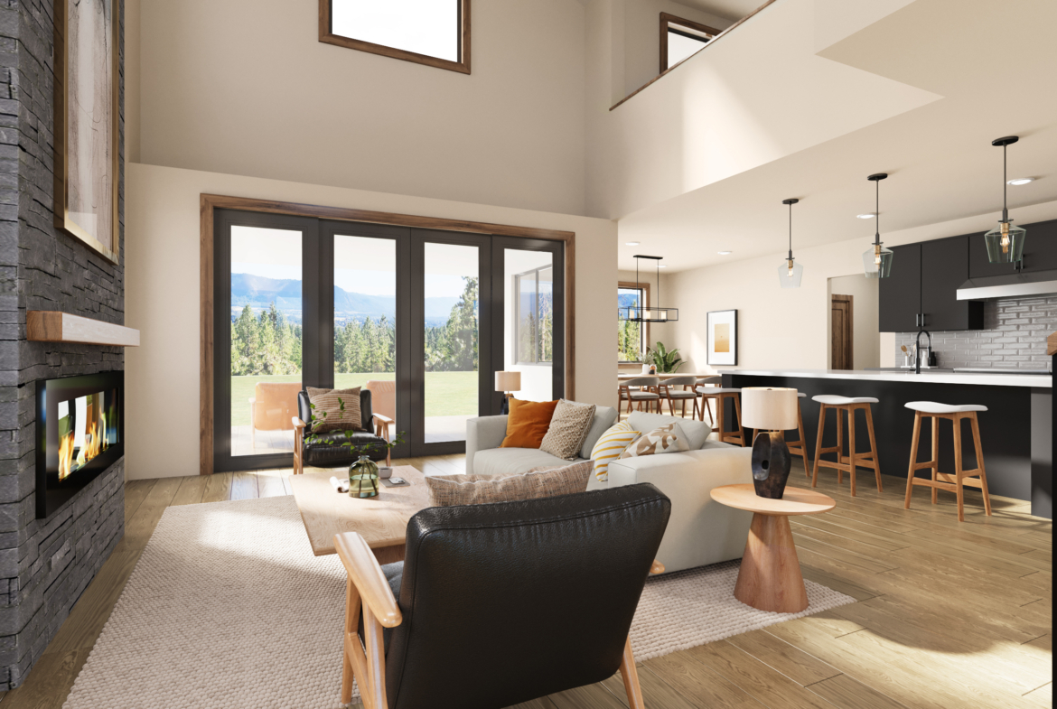 The Mountaineer Living Room and Kitchen virtually staged in Skyline Ridge in Cle Eum, WA with views of the trees and mountains