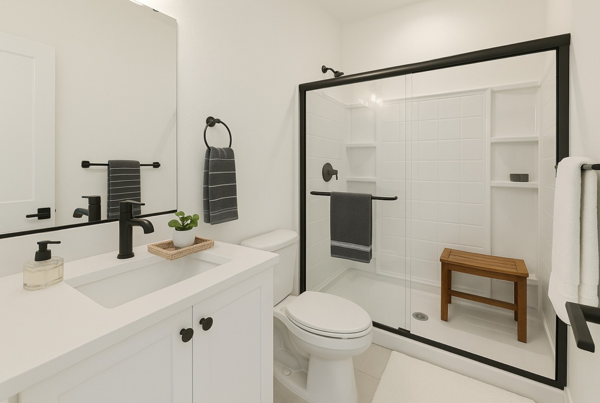 The Naches Ederra 7 hall bathroom with shower including a sliding glass door and stool, sink and toilet
