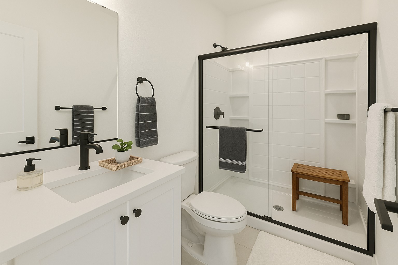 The Naches Ederra 7 hall bathroom with shower including a sliding glass door and stool, sink and toilet