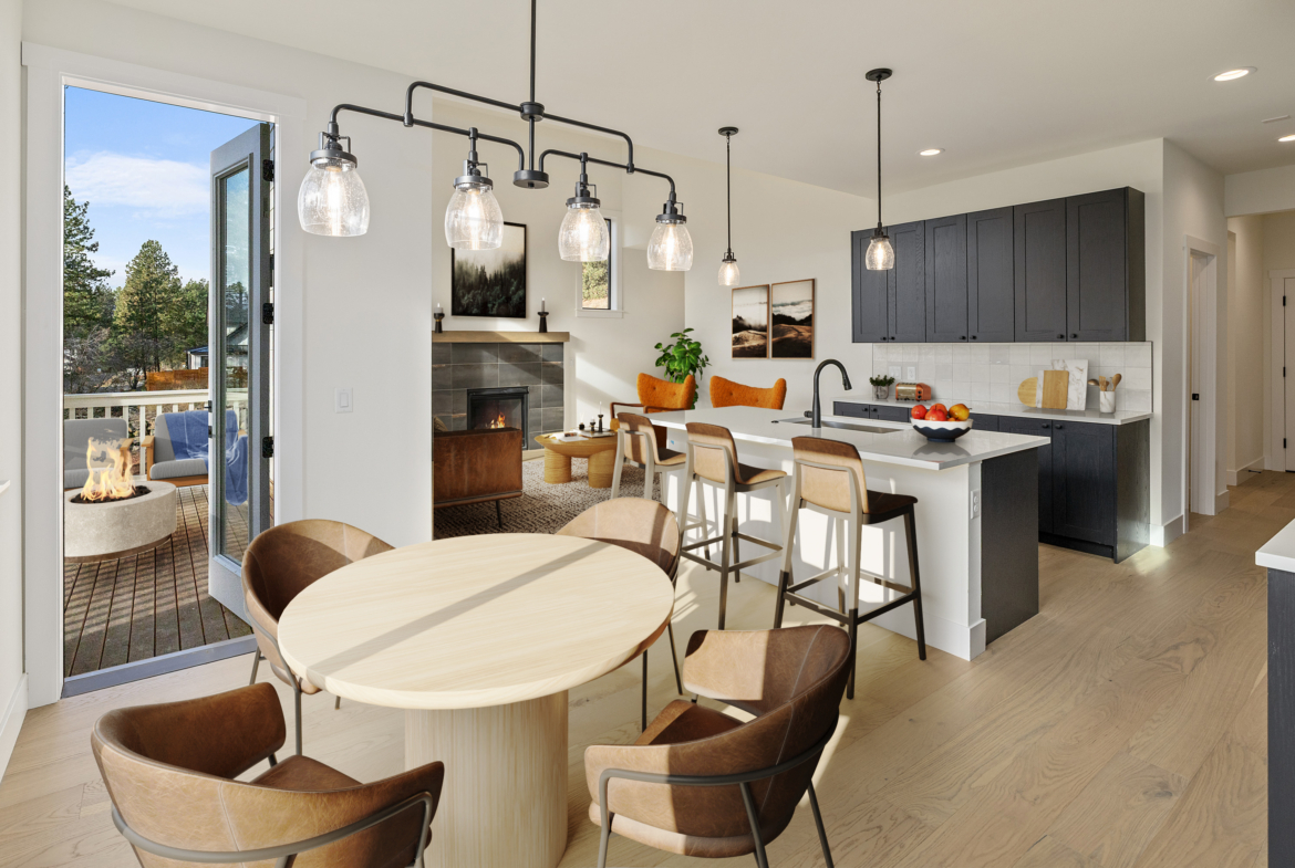 The Naches Ederra 7 view of the dining room, outdoor living with chairs and a firepit, kitchen and dining room