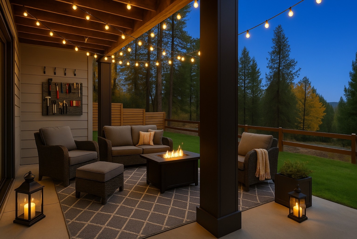 The Naches Ederra Lot 7 outdoor living example with virtual staging with outdoor seating, outdoor rug, lanterns, and a fire table