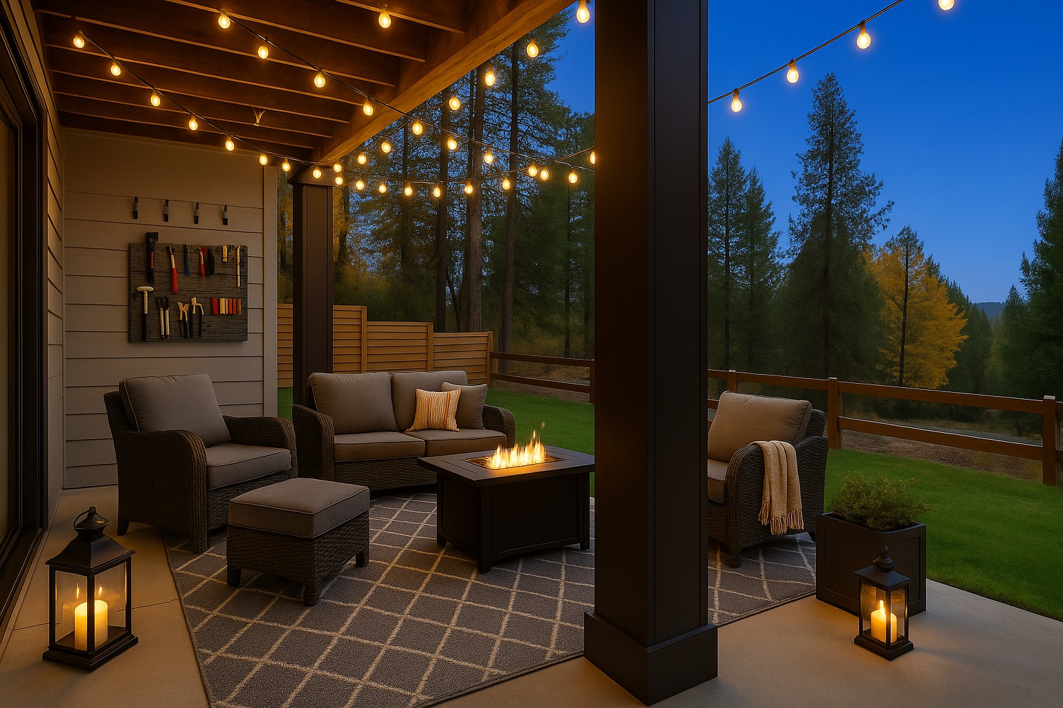 The Naches Ederra Lot 7 outdoor living example with virtual staging with outdoor seating, outdoor rug, lanterns, and a fire table