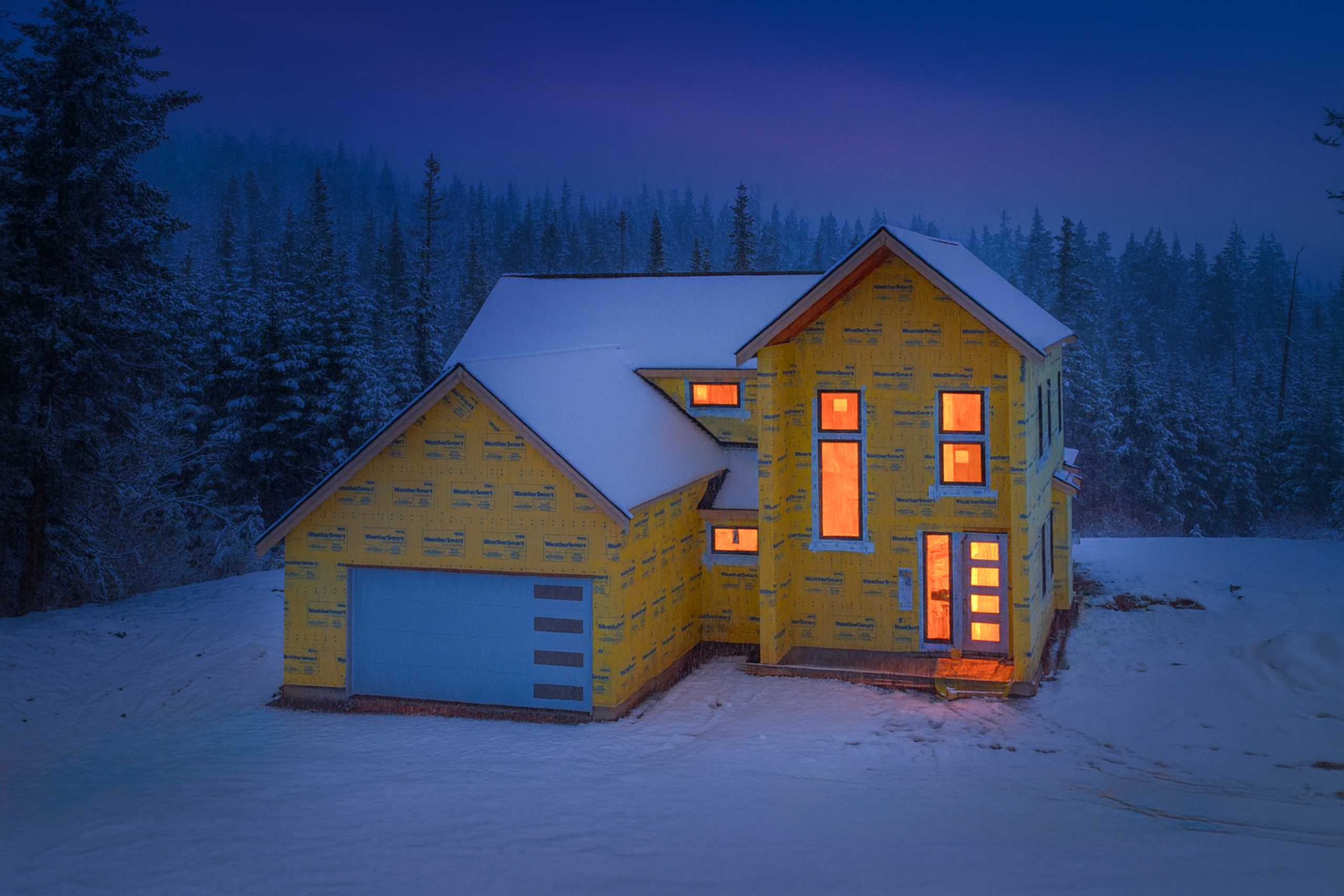 Skyline Ridge homesite 55 progress photo front exterior with snow