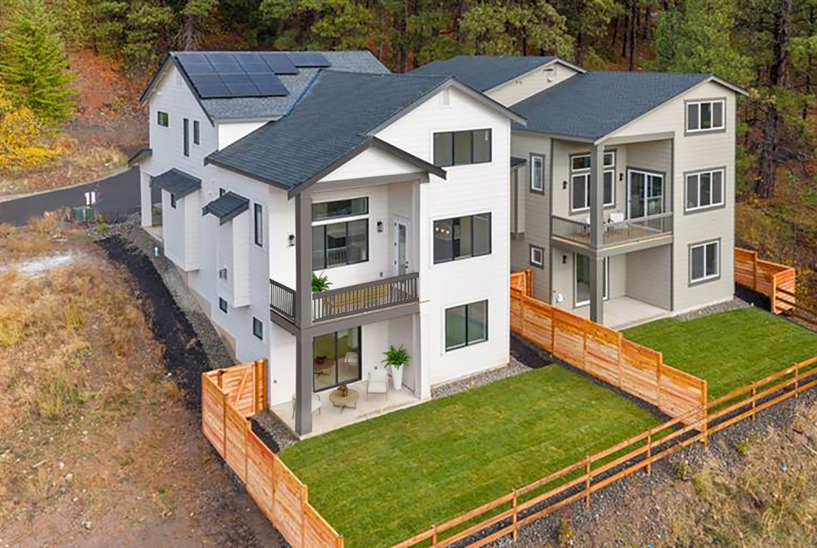Exterior aerial view of the The Naches in Ederra homesite 7 with outdoor furniture virutally staged