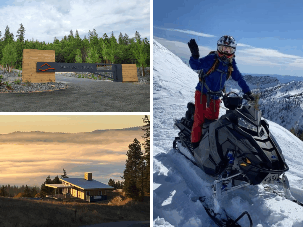 woman on snowmobile waving with a photo of the skyline ridge private gate and The Lodge at Skyline RIdge