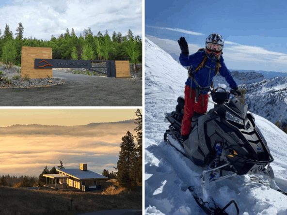 woman on snowmobile waving with a photo of the skyline ridge private gate and The Lodge at Skyline RIdge