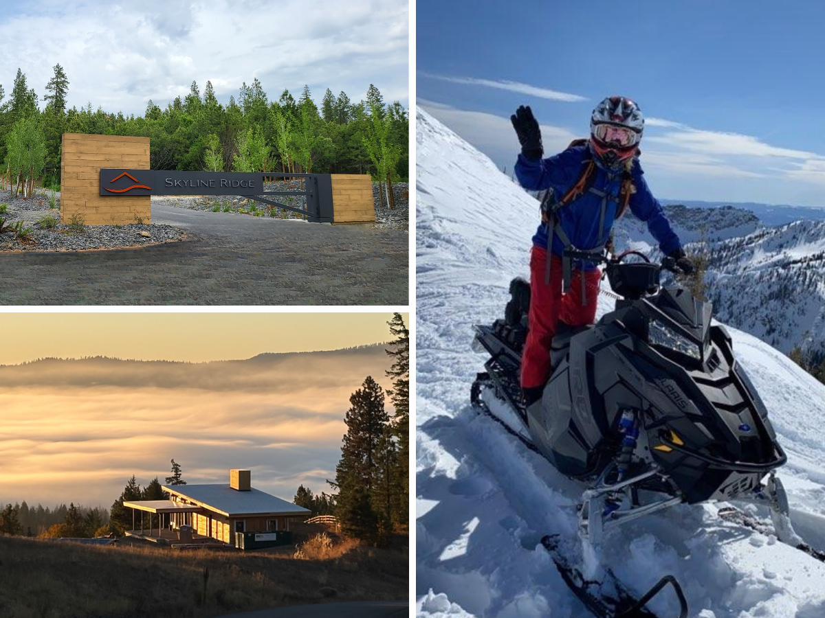 woman on snowmobile waving with a photo of the skyline ridge private gate and The Lodge at Skyline RIdge